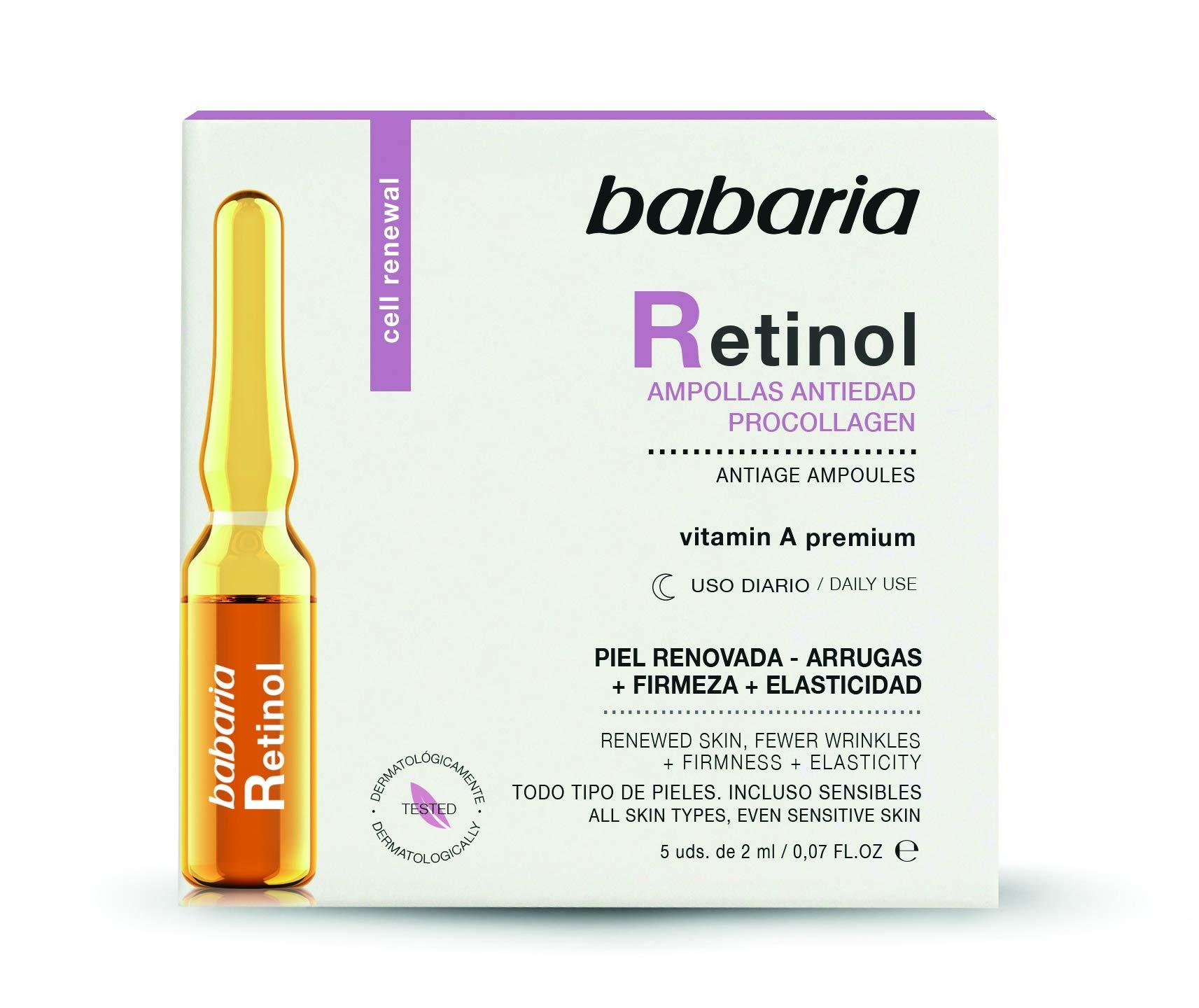 Babaria Babaria - Retinol Ampollas Antiedad Procollagen, Piel Renovada, Firme y Elstica, con Vitamin A Premium, Apto para Todo Tipo de Pieles, Incluso Sensibles - 5 Uds de 2 ml