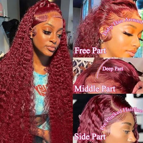 Jolanly 28 Inch Deep Wave Curly 99J Burgundy Lace Front Wigs Human Hair Red Colored Human Hair Wig For Black Women13x4 Curly Transparent Lace Front Wig Pre Plucked