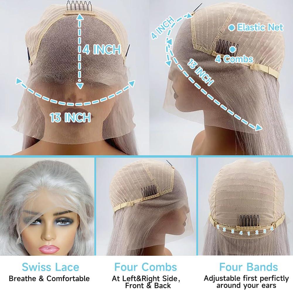 Manyisi Grey Lace Front Body Wave Wig - Human Hair 13x4 28 inch Pre-Plucked w/ Baby Hair 180% Density