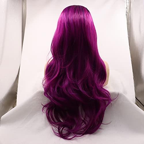 xiweiya xiweiya Long Purple Lace Front Wigs with Dark Roots Middle Part Purple Synthetic U Part Lace Front Wigs Natural Hairline Heat Resistant Hair High Density Wig for Women 26 Inch
