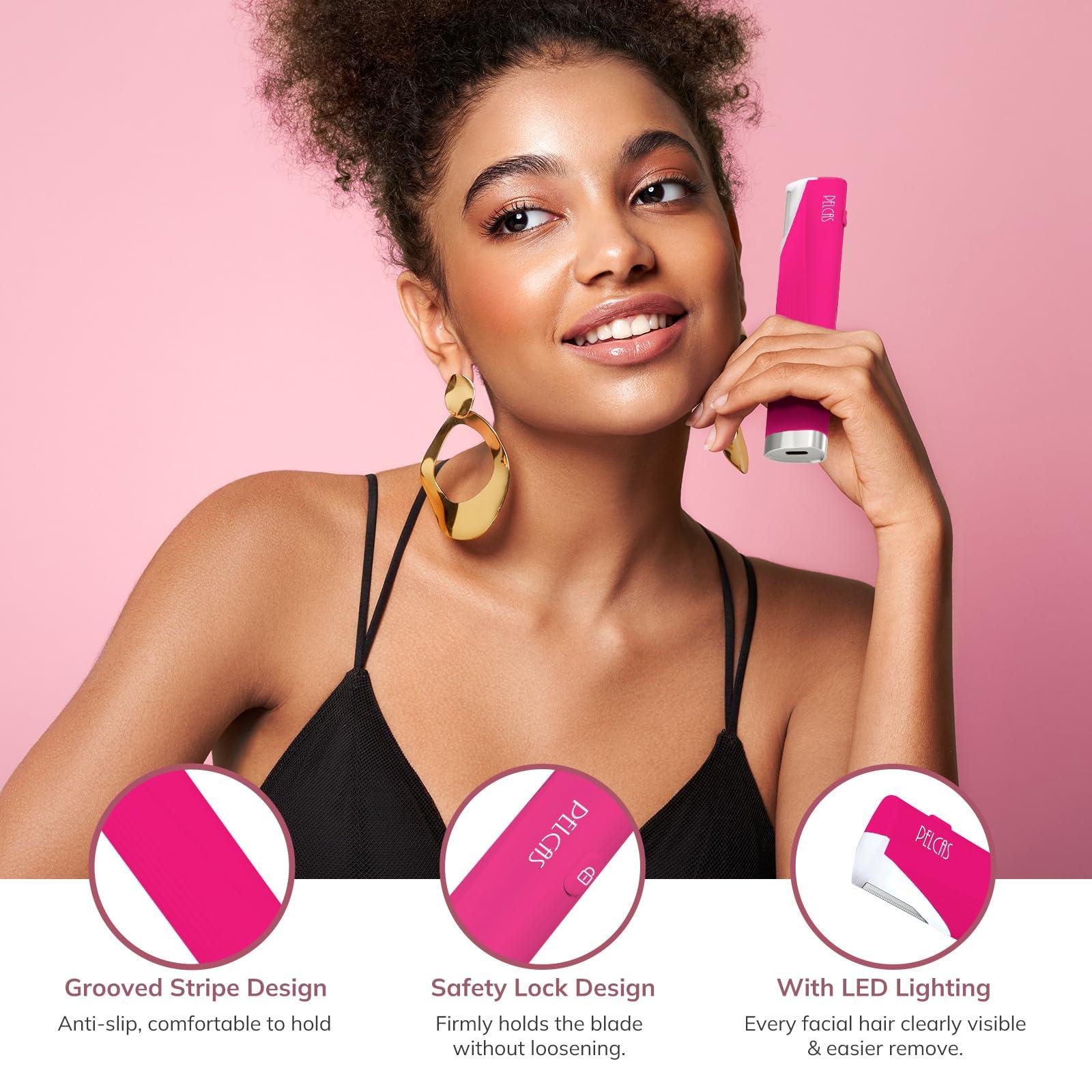 PELCAS PELCAS Electric Dermaplaning Tool for Face with LED Light, Mini Dermaplaning Razor Kit for Women with 6 Replace Blades 3 Speeds Facial Peach Fuzz Exfoliation & Hair Removal At Home BV18-712 Rose Pink