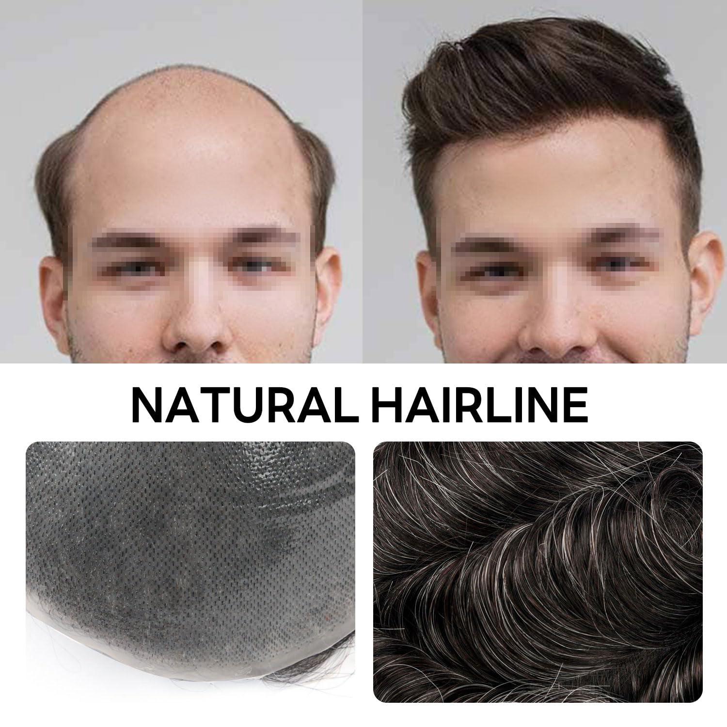 Blayzehair Men Toupee Hair System Ultra Thin Skin Hair Piece European Human Hair Replacement 0.02-0.10MM V-LOOP Toupee For Men. (1B50# Off Black with 50% Synthetic Grey, 8x10\"-0.08MM-0.10MM V-LOOP)