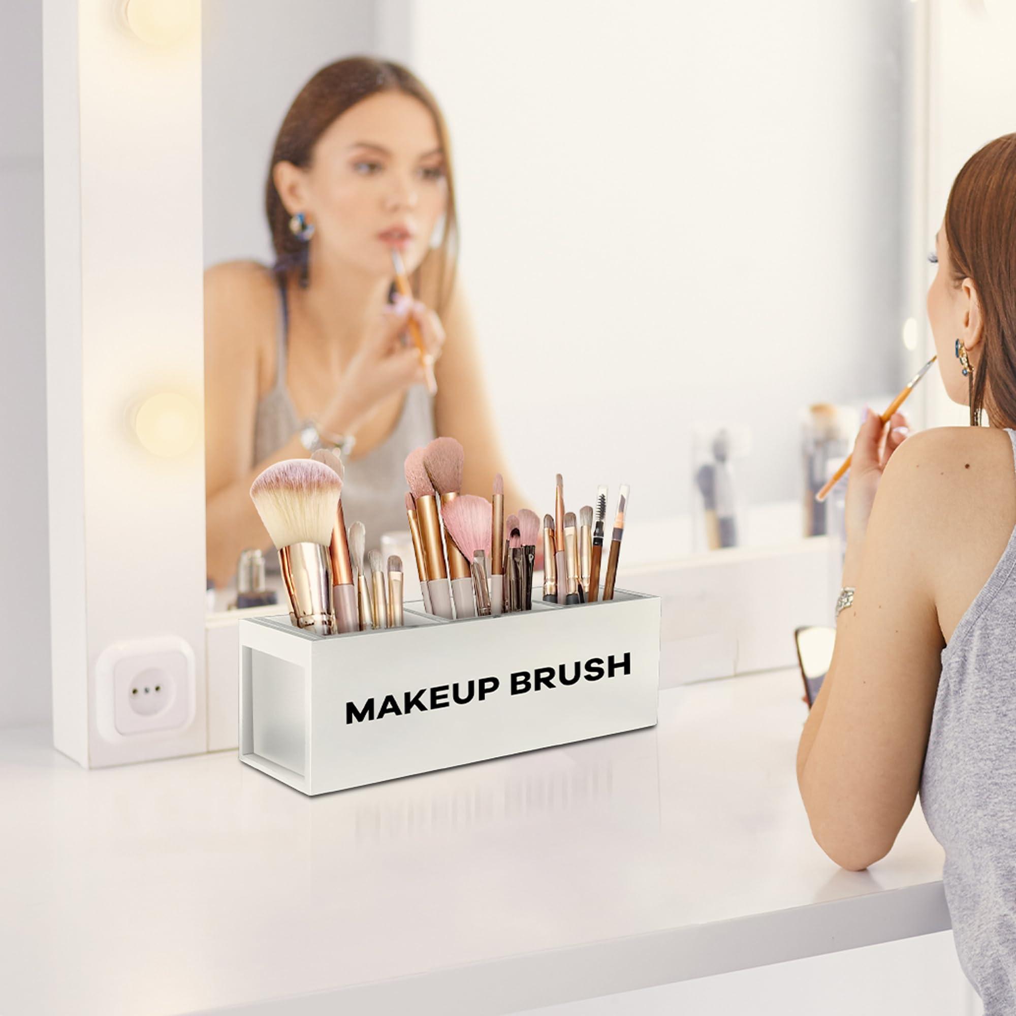 Suli Suli Large Makeup Brush Holder Organizer, Wooden Cosmetic Brushes Storage with 3 Slots, Eyeliners Display Case for Vanity Desktop Bathroom Countertop -White