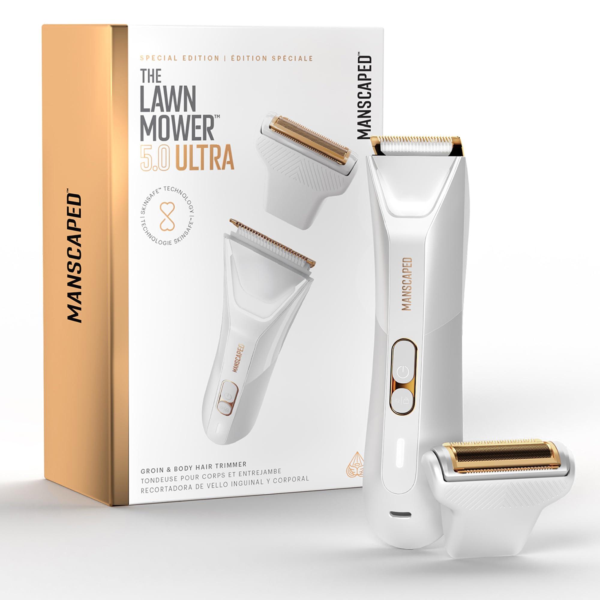 MANSCAPED MANSCAPED The Lawn Mower 5.0 Ultra Men\'s & Women\'s Groin & Body Hair Trimmer Dual-Head SkinSafe Trimmer & Foil Blades, Waterproof Wet/Dry Groomer, USB-C Rechargeable with Travel Case, White