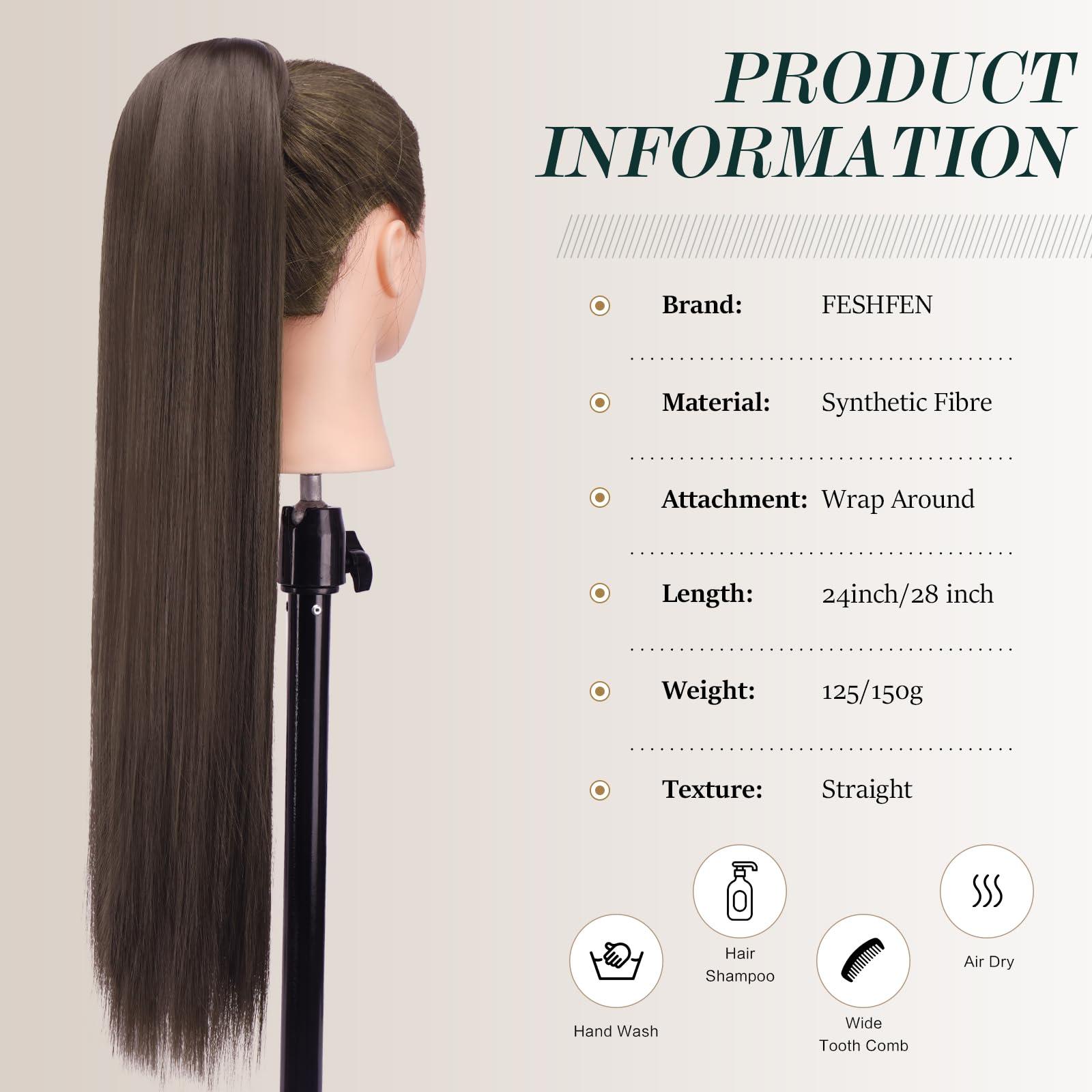 FESHFEN FESHFEN Straight Ponytail Extensions - 28 Inch Long Wrap Around Synthetic Ponytails Hair Piece Pony Tails Extensions Hairpieces for Women, Brown