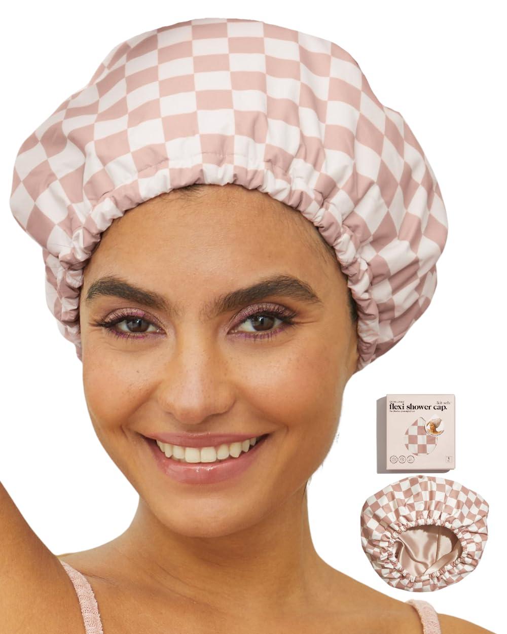 Kitsch Kitsch Luxury Shower Caps for Women Reusable Waterproof - Flexi Satin Lined, Large Shower Cap for Men, Non-slip, Quick-dry, Adjustable, Stylish Hair Cap for Long & Short Hair - Terracotta Checker