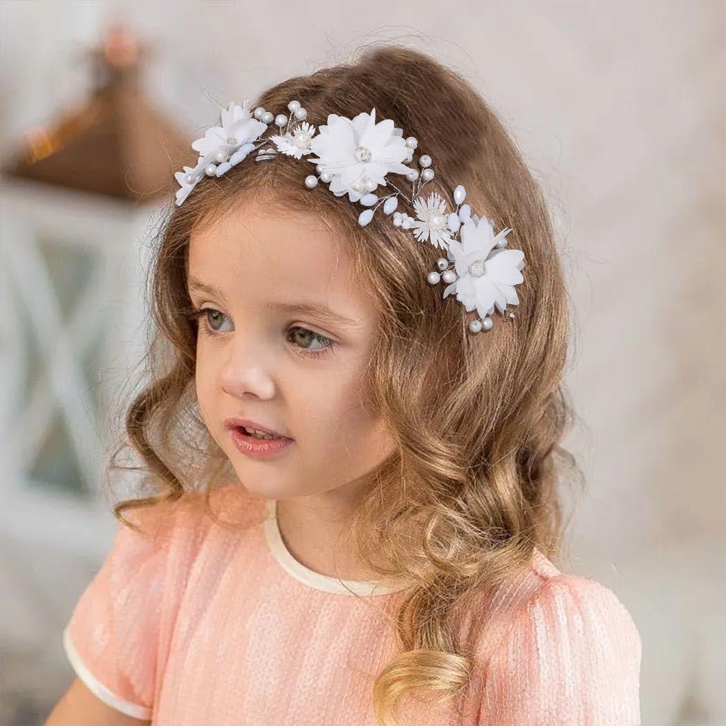 Campsis Campsis Flower Girl Headpiece White Princess Headband Pearl First Communion Hair Bands Wedding Birthday Party Hair Accessories for Women and Girls