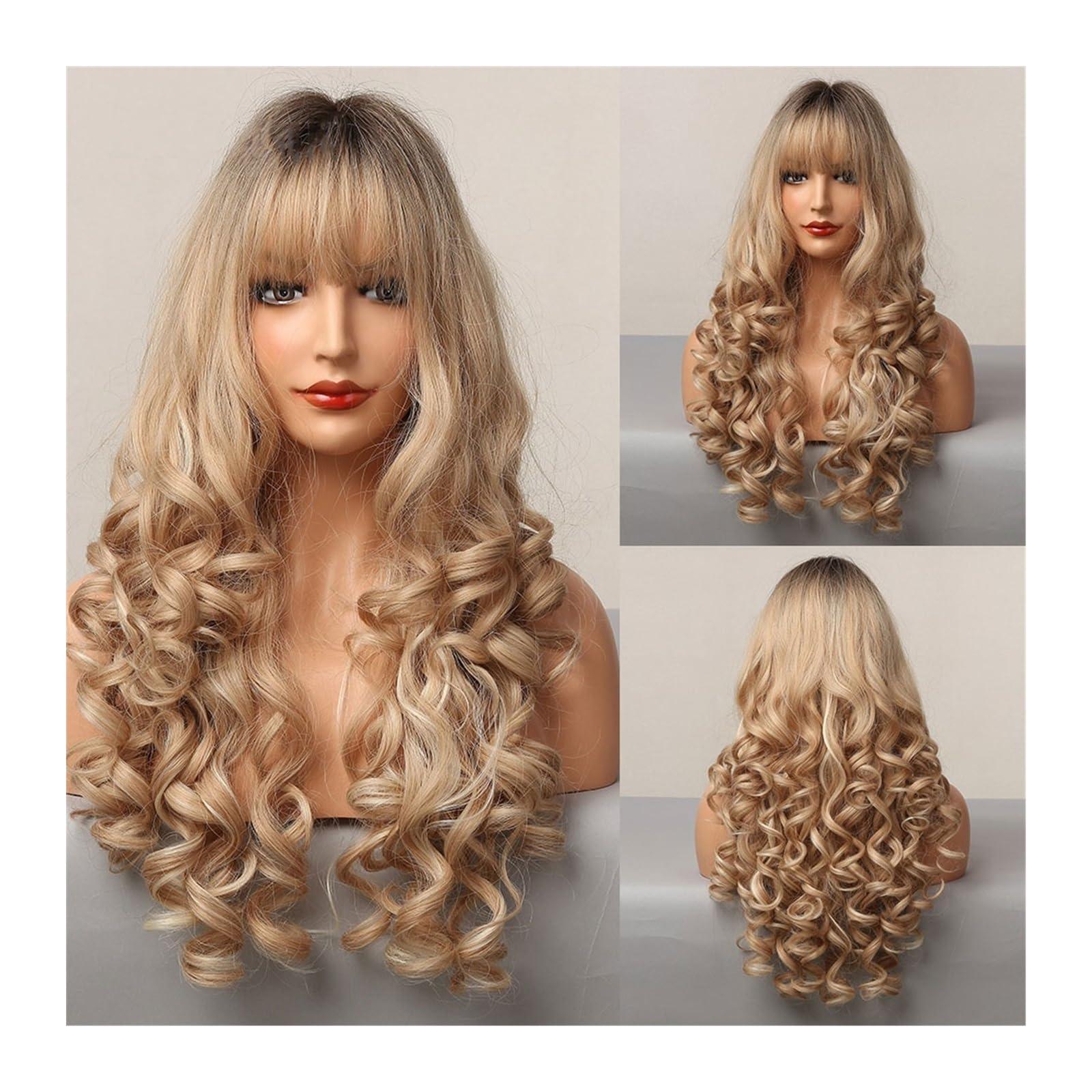 SJDPZ69KJ SJDPZ69KJ Wig 25inch Ombre Brown Champagne Blonde Highlight Long Loose Wave Synthetic Hair Wigs with Bang Heat Resistant Fake Hair for Women for Women Natural Looking Wigs