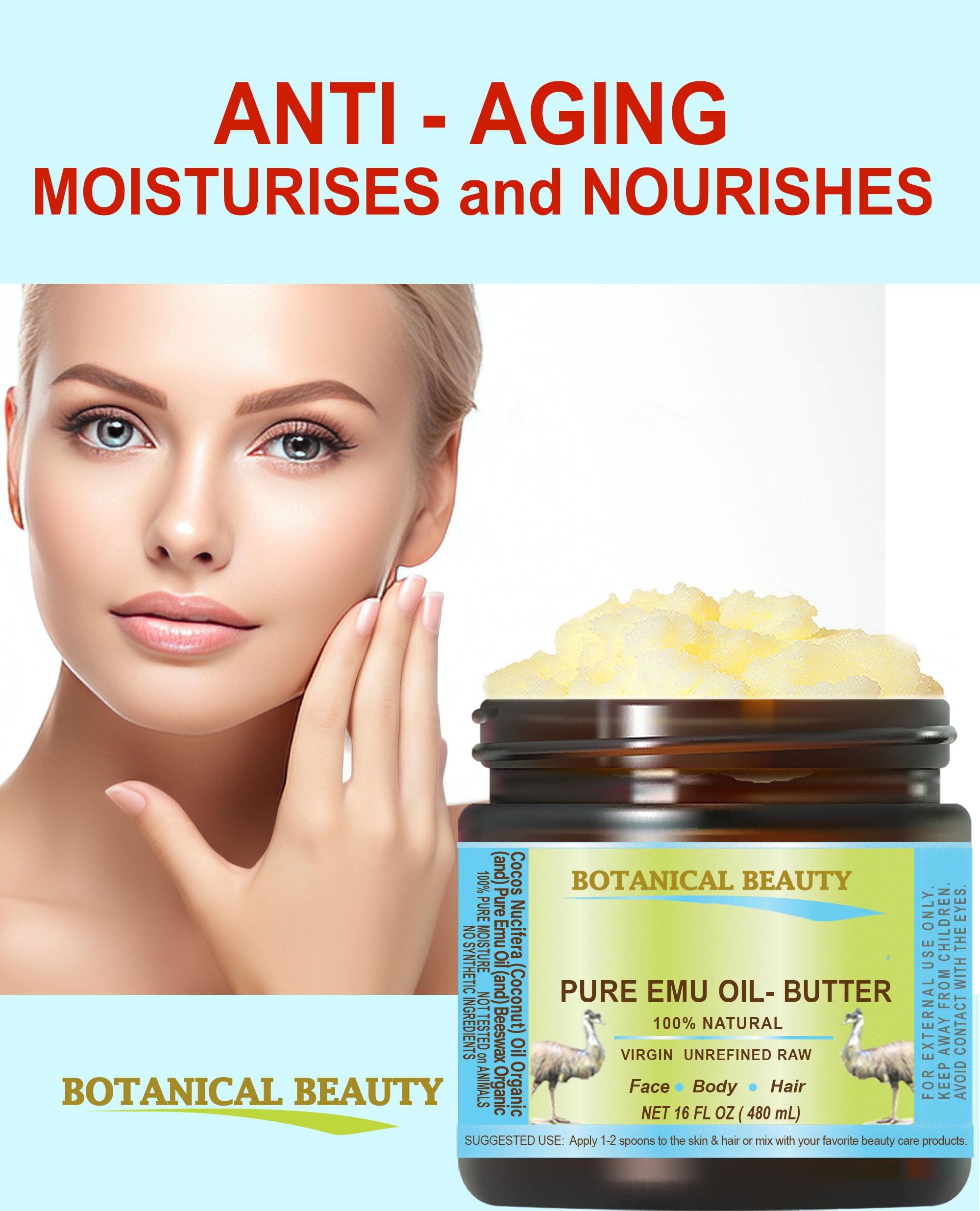 Botanical Beauty PURE EMU OIL BUTTER 100% Natural RAW VIRGIN UNREFINED for FACE, BODY, HANDS, FEET, NAILS, HAIR and LIP CARE 8 Fl. oz. - 240 ml by Botanical Beauty
