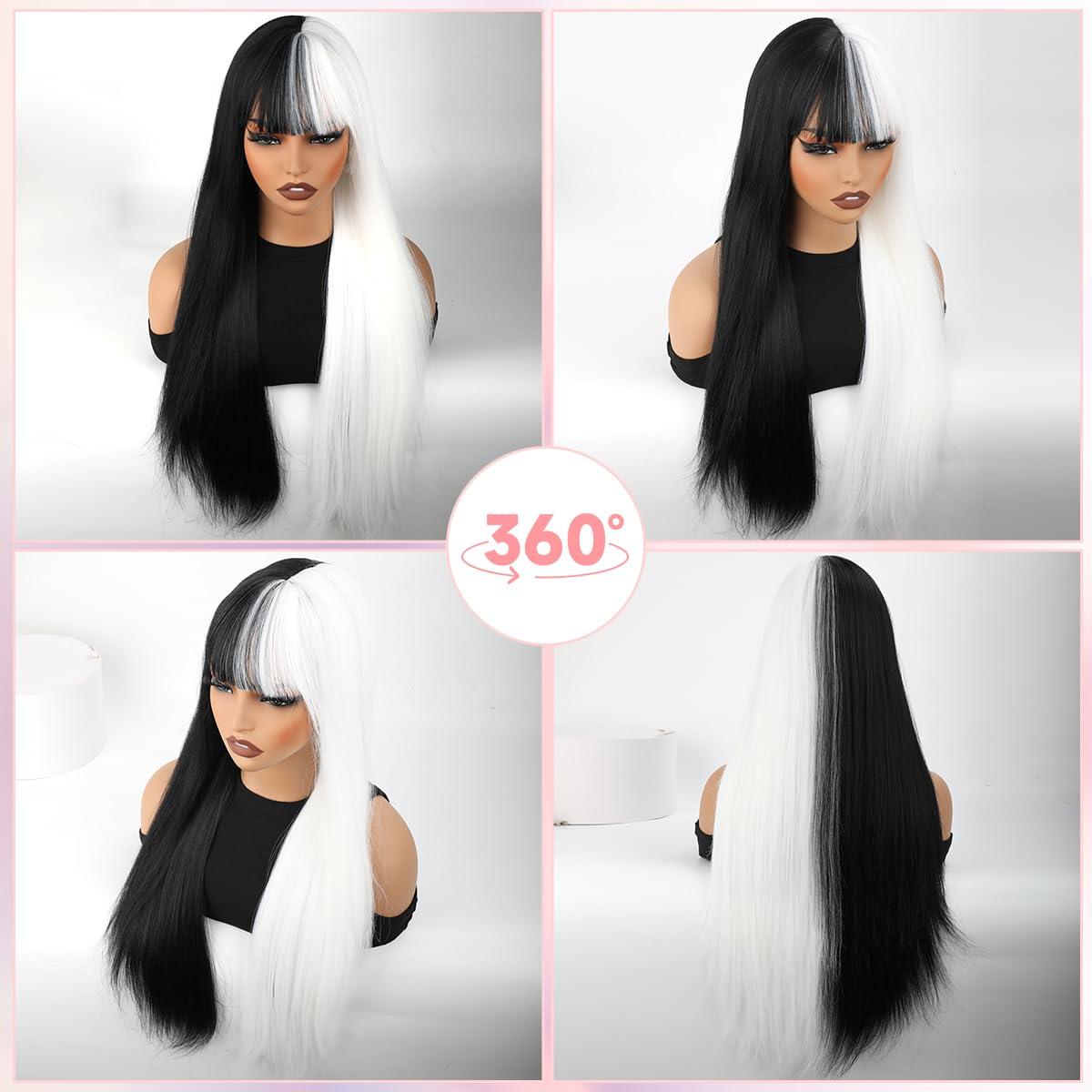 forfeels forfeels Synthetic Wig Black And White Wig For Women 28 Inches Cosplay Wig Heat Resistant Synthetic Wig With Bangs Straight Synthetic Hair For Halloween