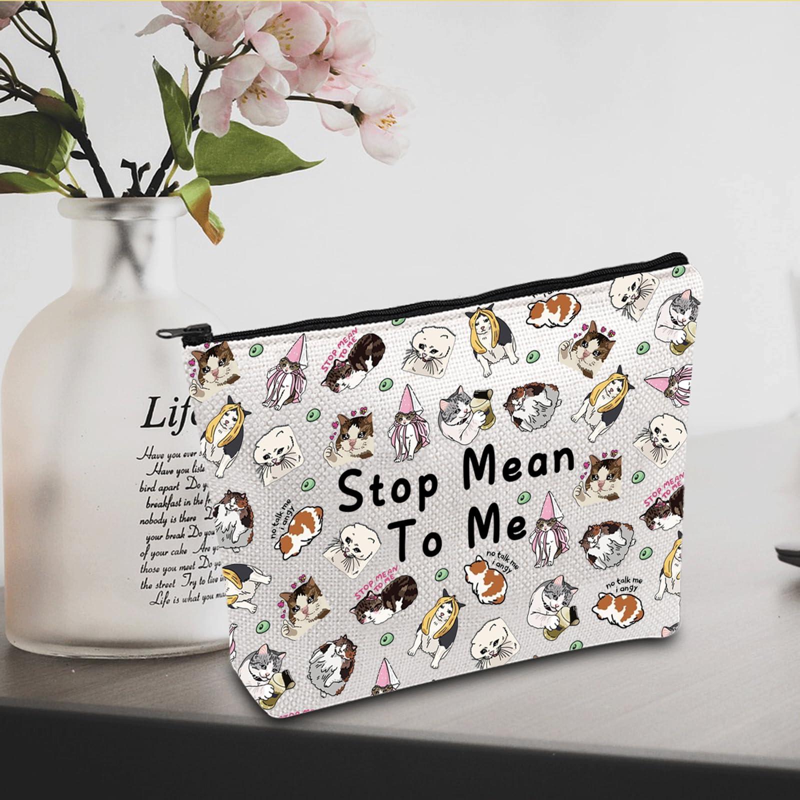 JXGZSO JXGZSO Cartoon Cat Makeup Bag Pet Cat Inspired Gift Stop Mean To Me Sad Cat Meme Cosmetic Bag Cat Theme Gift Animal Pouch