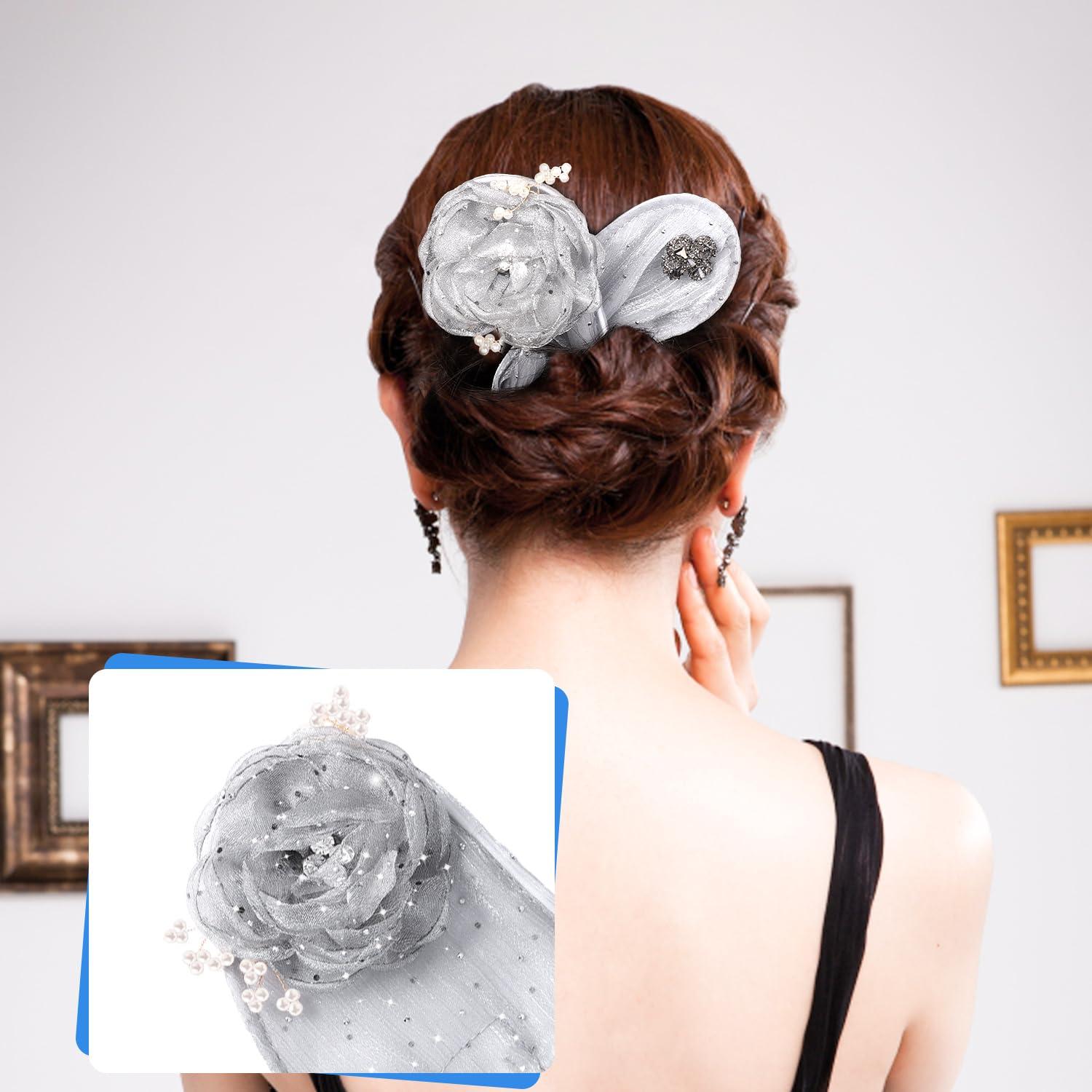 lasuroa 2pcs Ball Hair Clips, Flower Hair Bun Roller French Twist Hair Bun Maker Elegant Lazy Hair Curler Deft Bun Hairstyle Tool Hair Bun Accessories for Women & Girls Long Hair (Grey+Black)