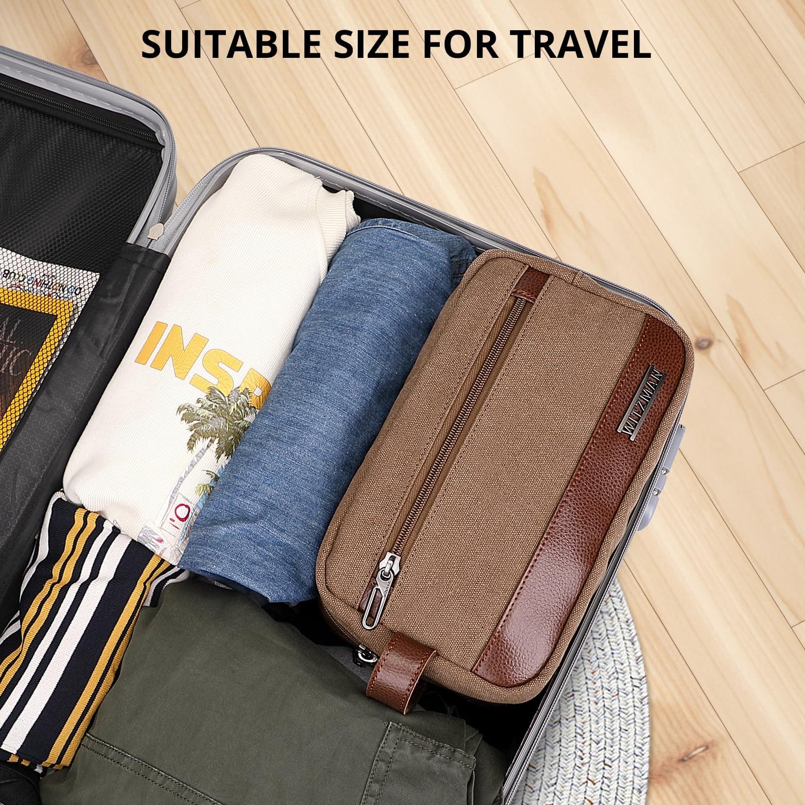 WITZMAN WITZMAN Canvas Toiletry Bag for Men Hanging Dopp Kit Organizer Water-resistant Men Travel Toiletries Bathroom Bag with Wet Pocket(A8001 Brown)