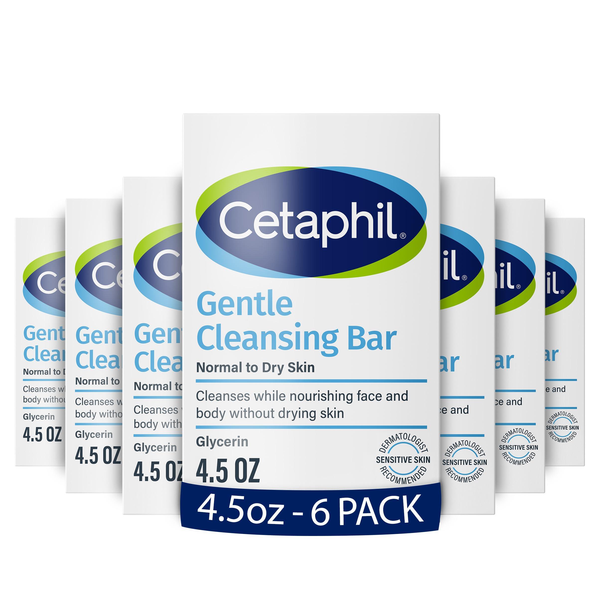 Cetaphil CETAPHIL Gentle Cleansing Bar, 4.5 oz Bar (Pack of 6), Nourishing Cleansing Bar For Dry, Sensitive Skin, Non-Comedogenic, (Packaging May Vary)