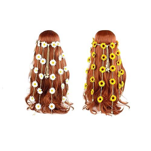 RUIFUU RUIFUU 2Pcs Flower Headband Hippie Flower Crown Sunflower Hair Accessories 60s 70s Outfits Bohemian Hair Bands Women Girls Flower Headdress Cosplay Costume Hair Accessories