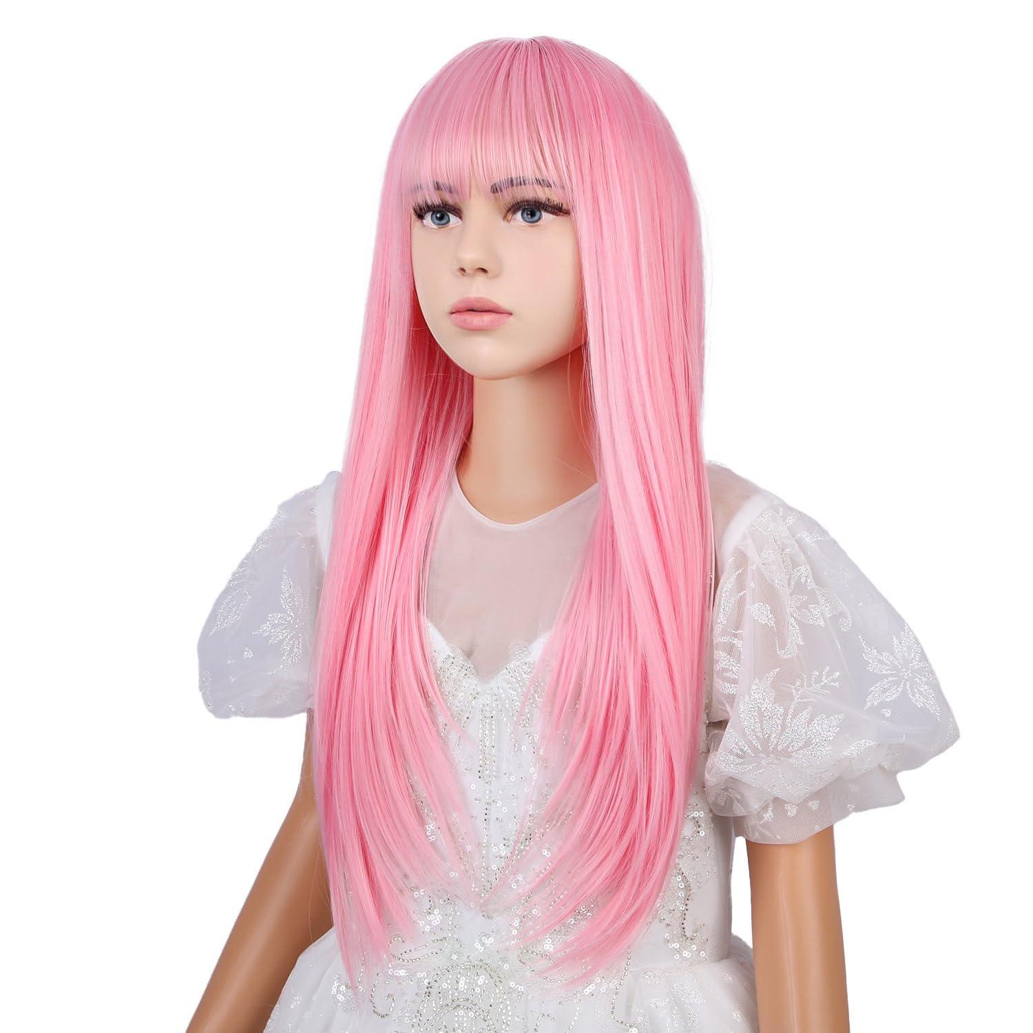 WAVELNM WAVELNM Pink Wigs for Kids Girls Long Light Pink Wig with Bangs Childrens Long Straight Wig Kids Daily Halloween Party Cosplay Wigs