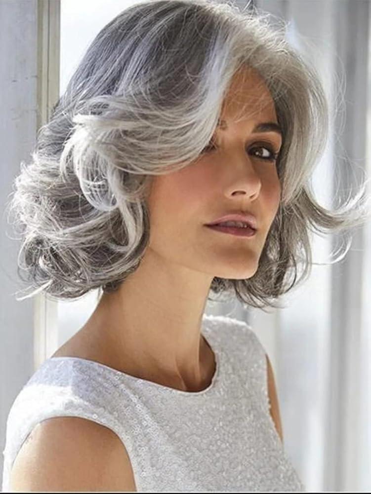 SonGxu Ombre Grey Wavy Bob Wig for Women,Short Silver Grey Wigs,Short Curly Hair Wigs for White Women Wig Layered Natural Synthetic Short Hair Wigs