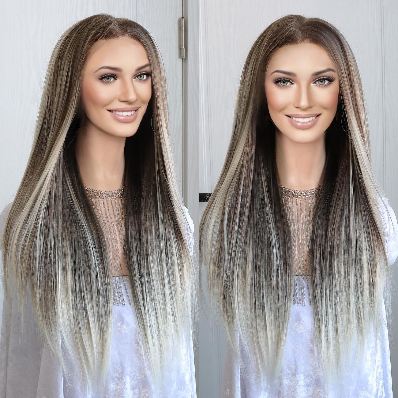 K\'ryssma K\'ryssma 13x6 Wig Highlight Ombre Brown and Platinum Blonde Synthetic Lace Front Wigs for Women with 6 Inch Deep Part Glueless Long Straight 13x6 Lace Front Wig Pre Plucked 24 Inches