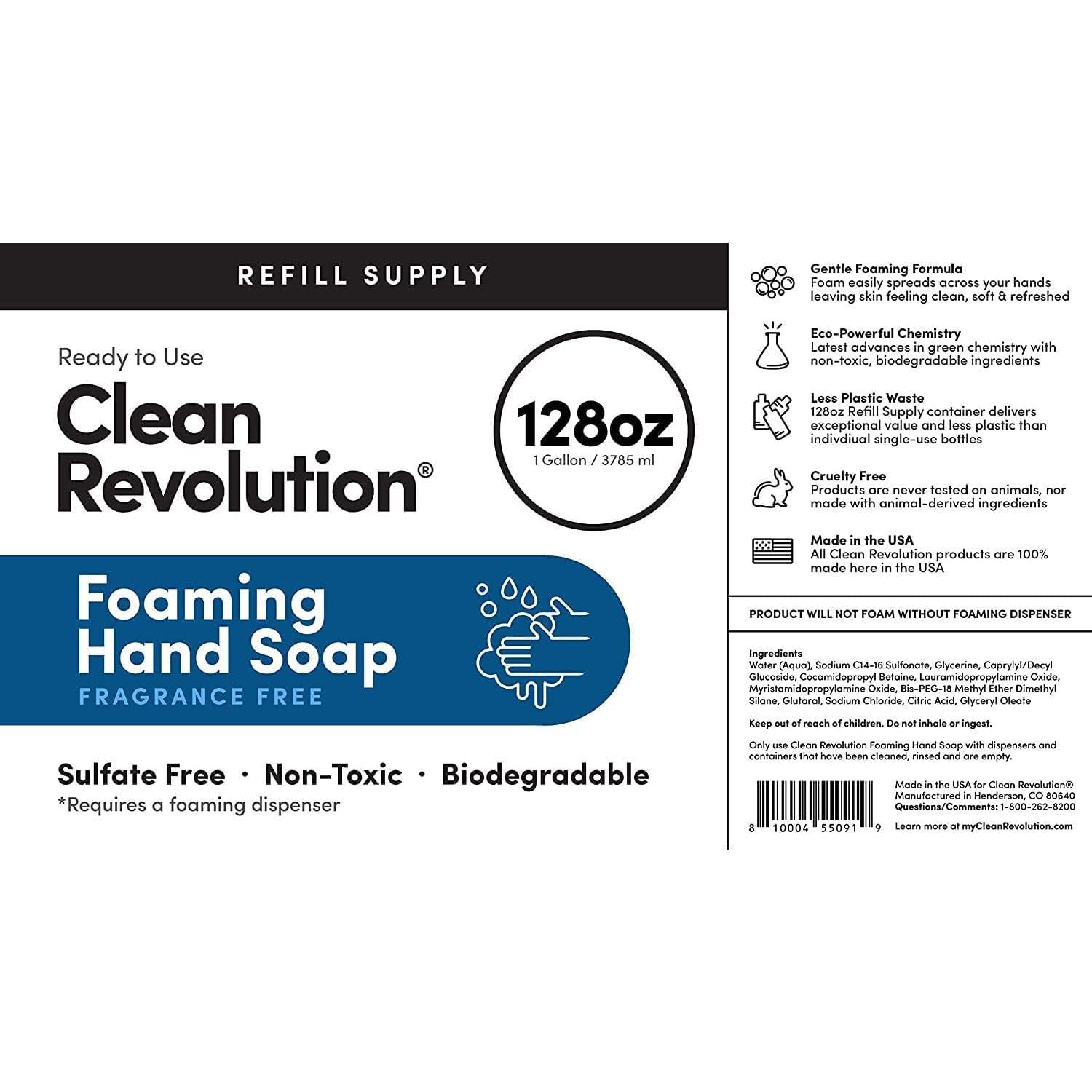 Clean Revolution Clean Revolution Foaming Hand Soap Refill Supply Container, Ready to Use Formula, Gluten Free, Unscented and Fragrance Free, 128 Fl. Oz, 4 Pack