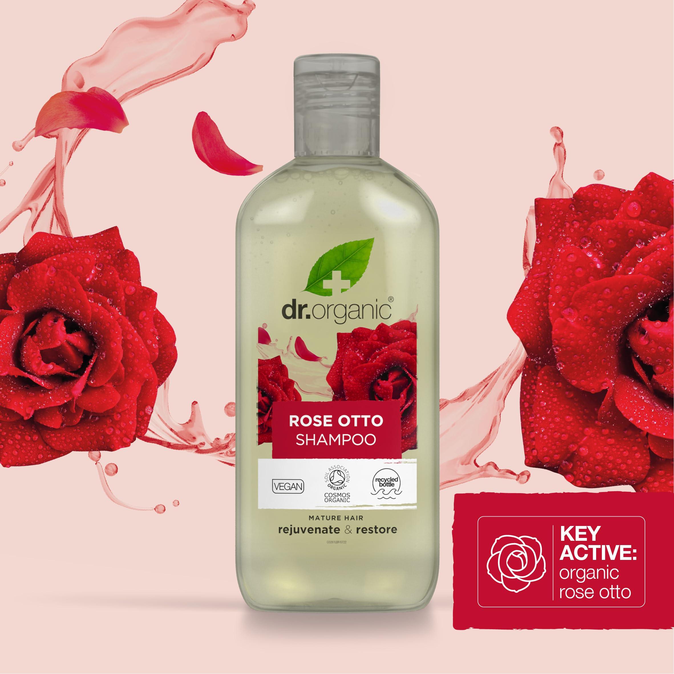 dr.organic Dr. Organic Rose Otto Shampoo, Restoring, Mens, Womens, Natural, Vegan, Cruelty-Free, Paraben & SLS-Free, Recyclable & Recycled Ocean Bound Plastic, Certified Organic, 265ml, Packaging may vary