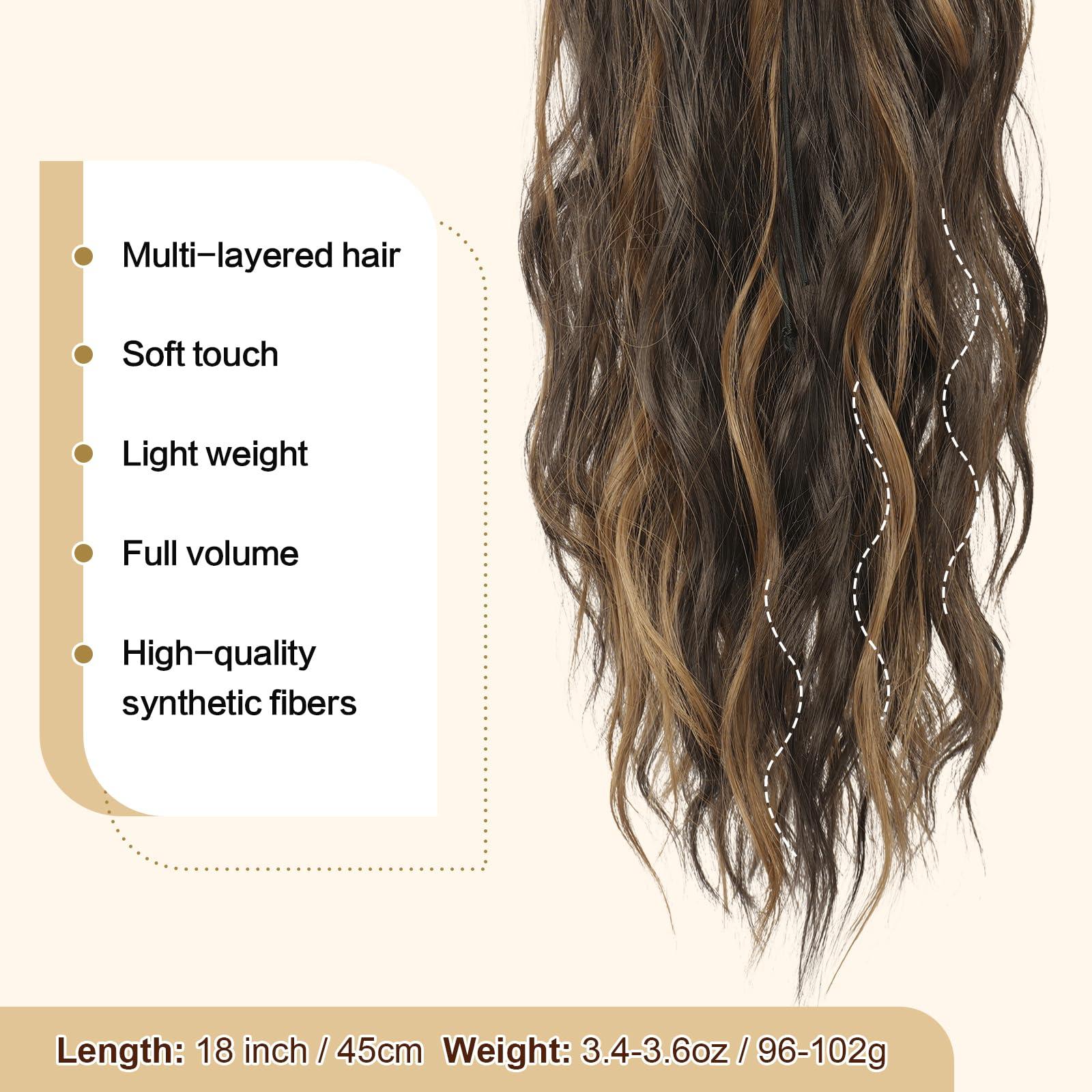 FESHFEN FESHFEN Ponytail Extensions, Drawstring Ponytails Hair Extension Black Brown Mix Golden Blond Long Curly Wavy Hair Piece Synthetic Pony Tail Hairpieces for Women, 18 inch