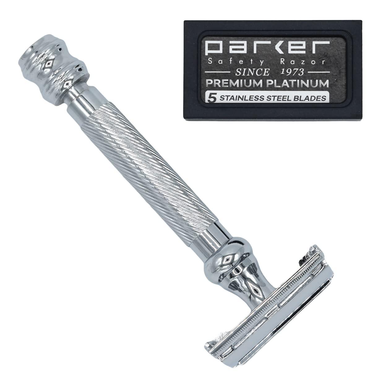 Parker Safety Razor Parker 99R Chrome Long Handle Heavyweight Butterfly Open Double Edge Safety Razor for Men, 5 Parker Premium Platinum Double Edge Razor Blades Included
