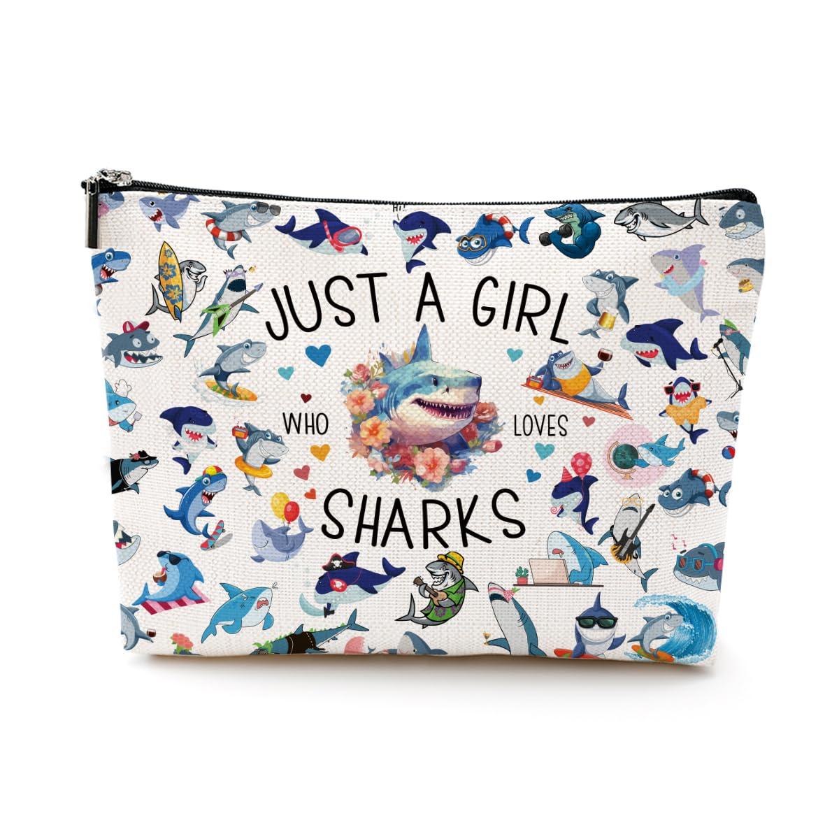 EIXU A Girl Loves Sharks Shark Gifts Shark Stuff Shark Decor Cosmetic Bag Nurse Thanksgiving Graduation Christmas Birthday Makeup Bag Funny Friendship Gifts for Women Friend Teen Girls Sister Shark Lovers