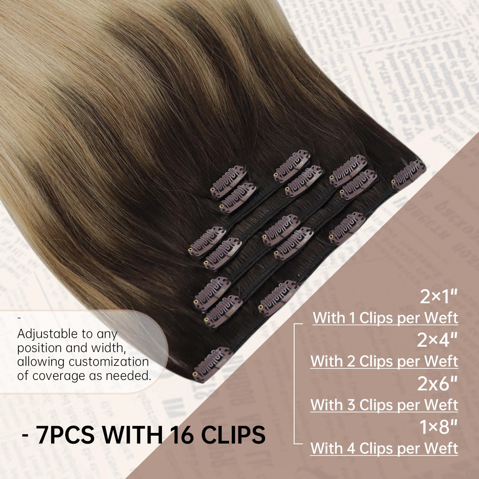 Sunny Hair Sunny Hair Clip in Hair Extensions Straight Human Hair Clip in Extensions Remy Clip in Hair Extensions Real Human Hair Extensions Clip ins Full Head Dark Brown Roots to Ash Blonde 20inch