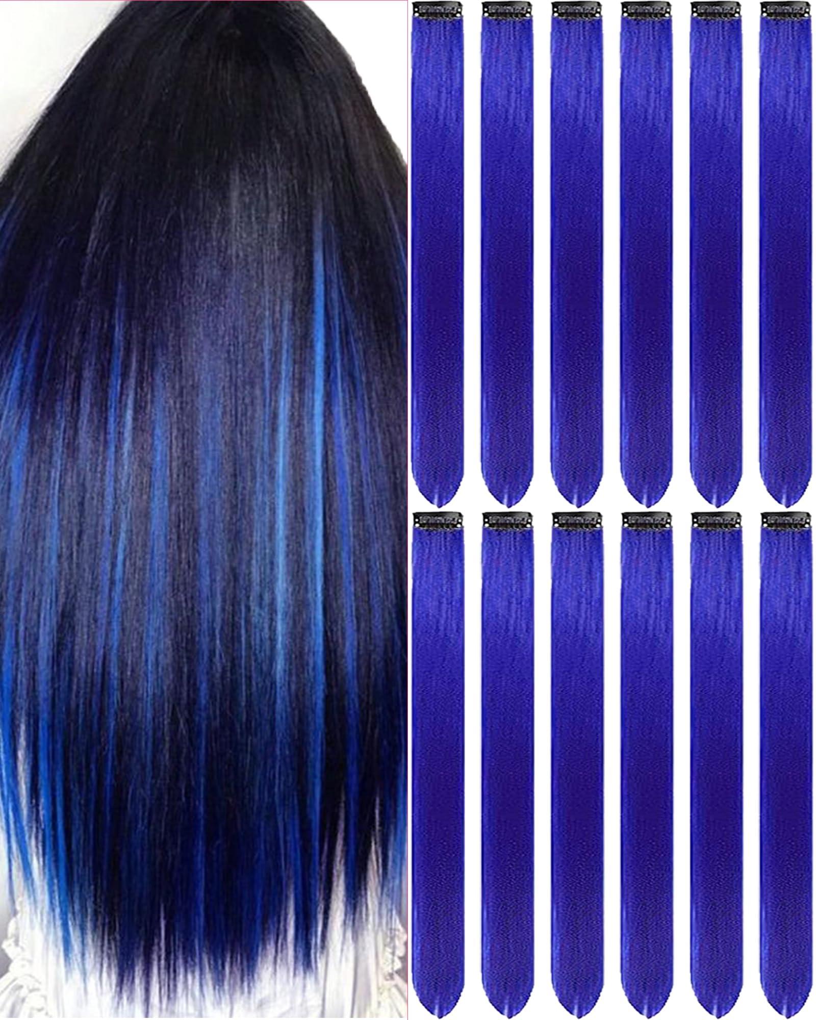 Olldag 12 PCS Blue Hair Extensions Clip in, 20 Inch Colored Hair Extensions Party Highlights Long Straight Synthetic Hairpieces for Women Kids Girls