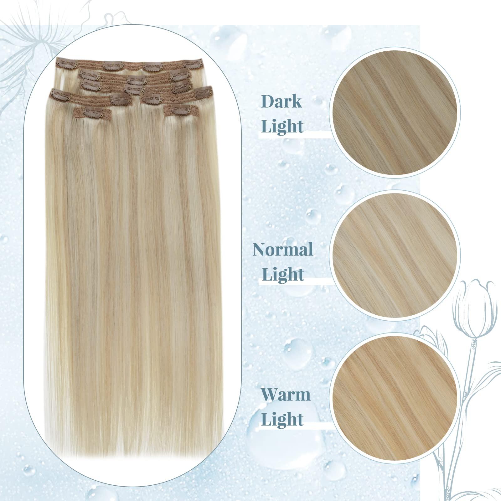RUNATURE Blonde Hair Extensions Clip in Human Hair Highlighted Platinum Blonde Real Clip in Human Hair Extensions #18P60 and #60 14 Inch 105g