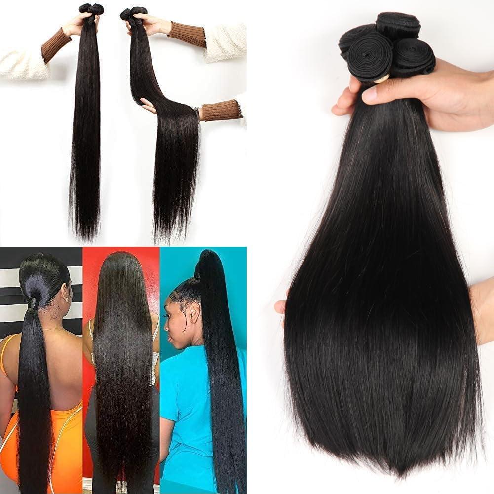 Yifute Human Hair Bundles Straight Hair 4 Bundles 22 24 26 28 Inch Brazilian Hair Extension Weave 100% Unprocessed Natural Black Bundles