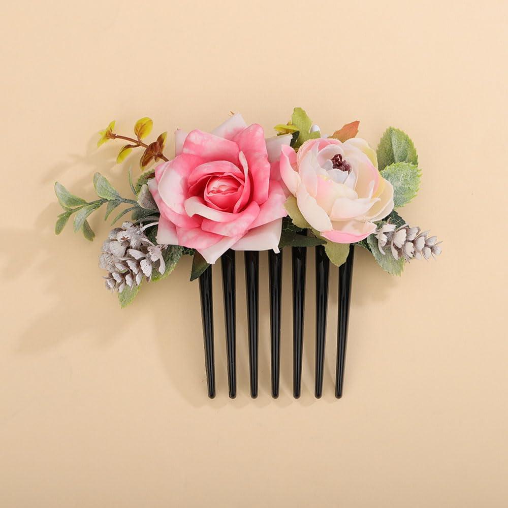 Teyglen Teyglen Bridal Flower Hair Comb Floral Artificial Flower Side Comb Bridal Hair Clip Pieces Headpiece Wedding Hair Accessories for Women Bride Photo Shoot Prom Party Festival (Style 1)