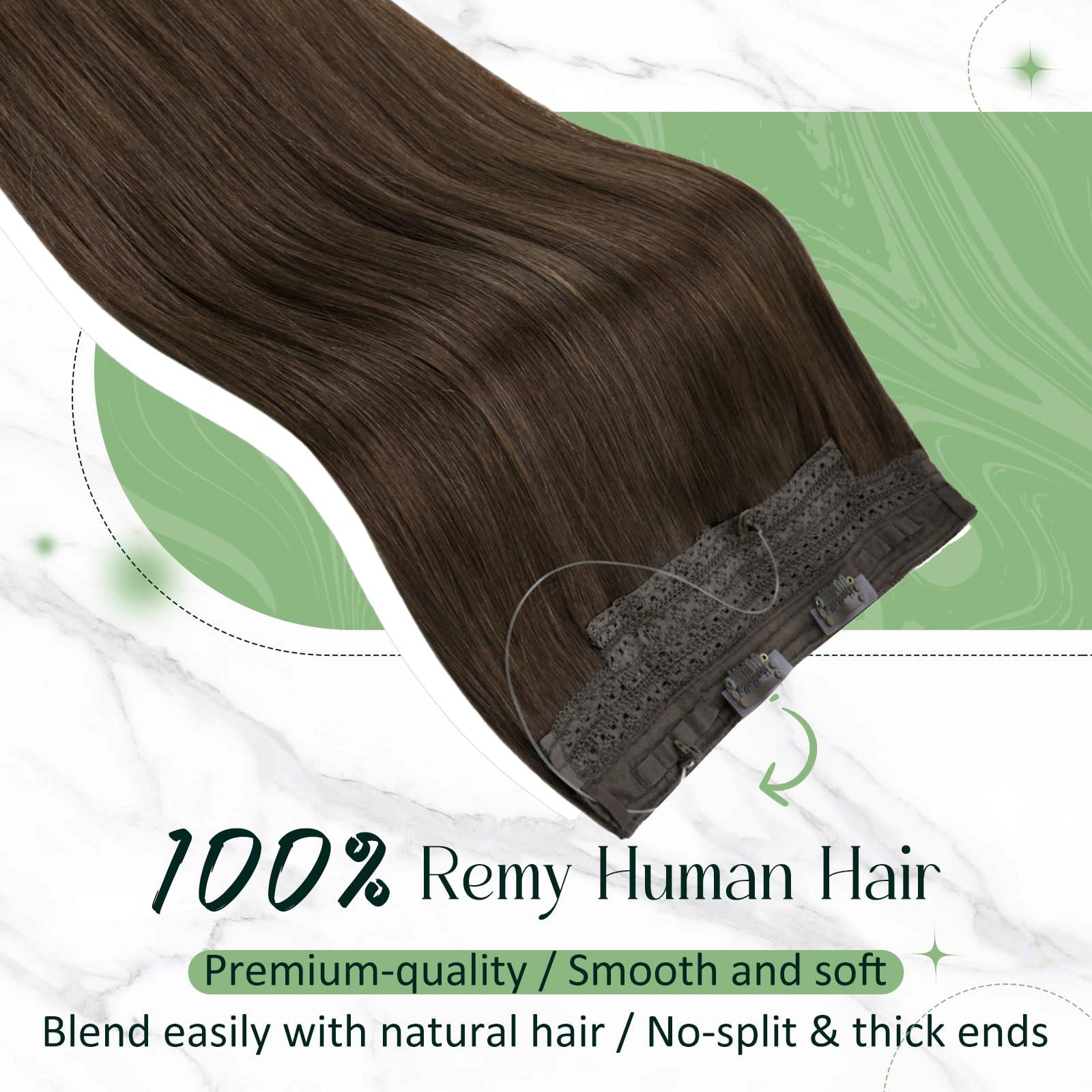RUNATURE RUNATURE Invisible Wire Hair Extensions Real Human Hair Dark Brown Hair Extensions Clip in One Piece Extensions Soft Remy Natural Hair Straight Fish Line Extensions 14 Inch 70g