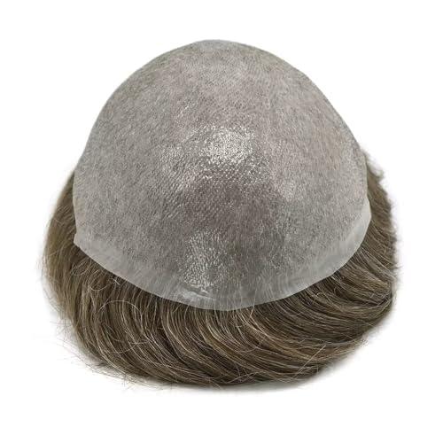 SINGA HAIR Toupee for Men Ultra Thin Skin Mens Hair System Soft Human Hair piece 0.04mm Invisible Mens Toupee All V-loop Skin PU Men Hair Unit Mens Hair Replacement6X8\"-100%density#540 Medium Light Brown+40%Gray