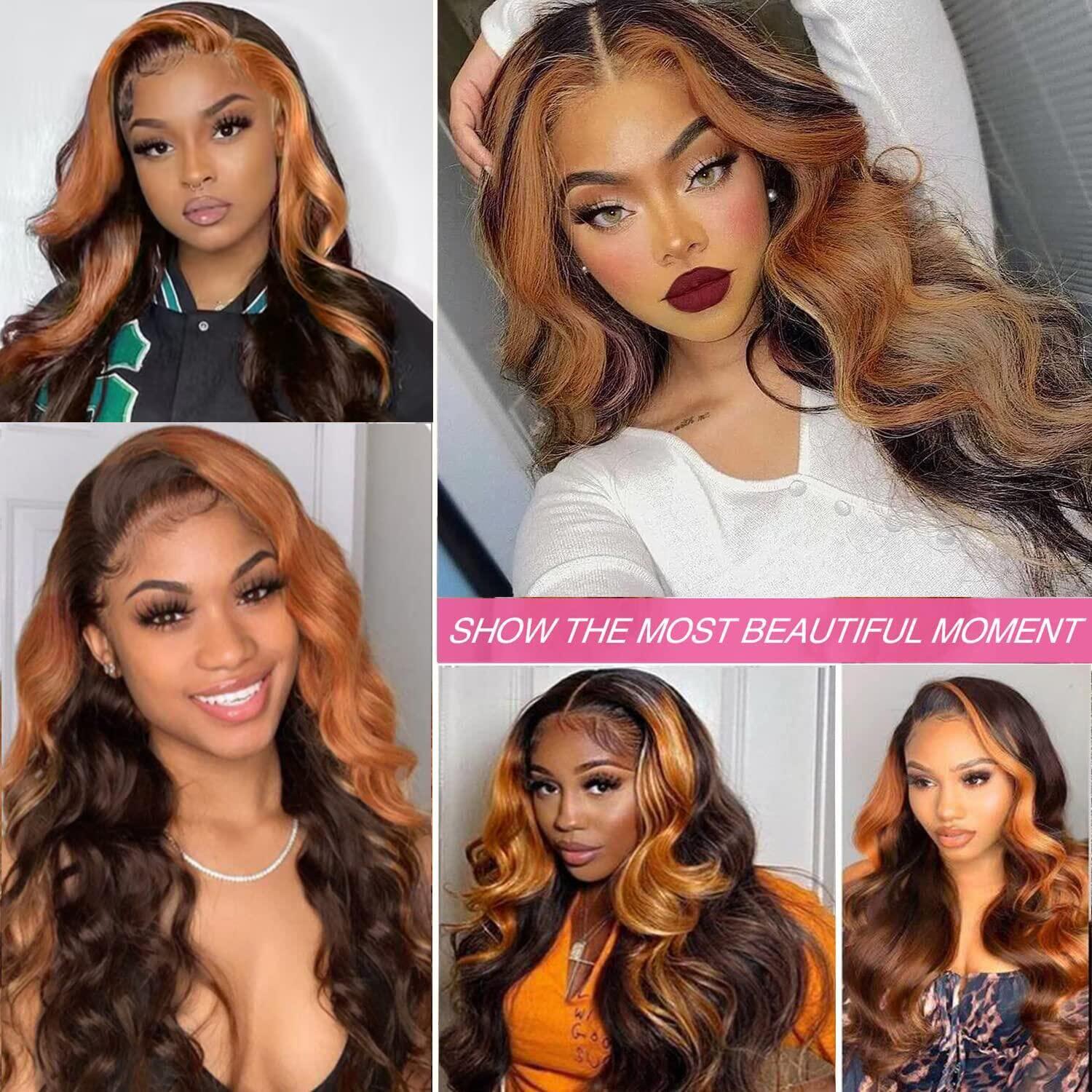 Goldfinch Ginger Ombre 13x4 HD Lace Frontal Wigs Highlight Skunk Stripe Body Wave Wigs Chocolate Brown Lace Front Wig 100% Brazilian Human Hair Wig 150% Density Pre Plucked With Baby Hair Wigs 20 Inch