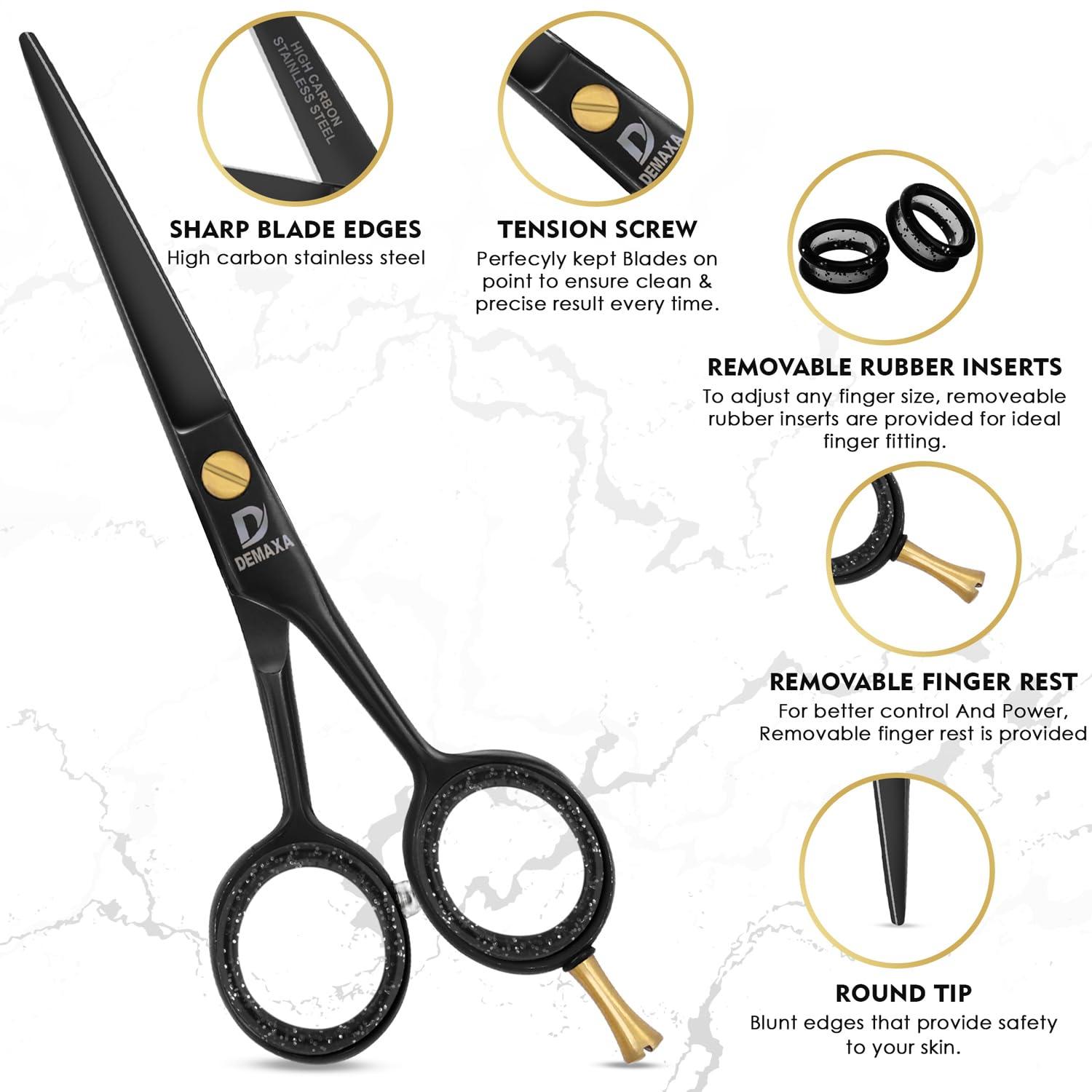 DEMAXA DEMAXA 5\" Professional Beard Mustache Scissors with 1 Mustache Comb, 1 Beard Comb & Soft Pouch Prefect Beard Trimming Scissors for All Facial Hair Scissors Grooming Scissors Men (Black)