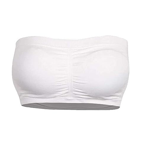 Jimmackey Neon Tube Top Plus Size Strapless Bra Bandeau Tube Removable Padded Top Stretchy Tube Tops for Women (White+Khaki, S)