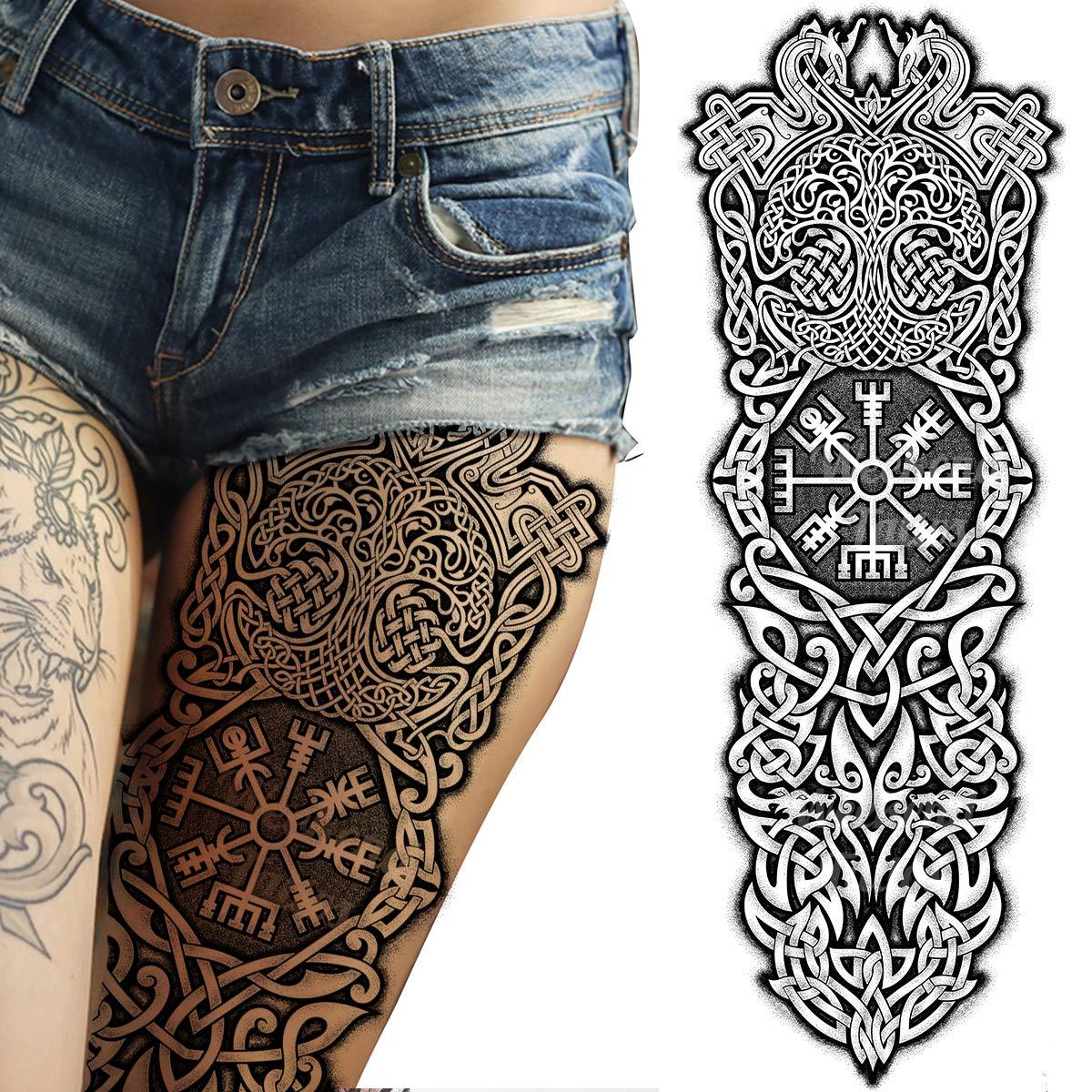Tatodays Tatodays temporary tattoo full arm stick on body art viking icelandic medieval celtic transfer for women and men cosplay halloween adult aegishjalmur temp tattoo tree of life wolfs fancy dress