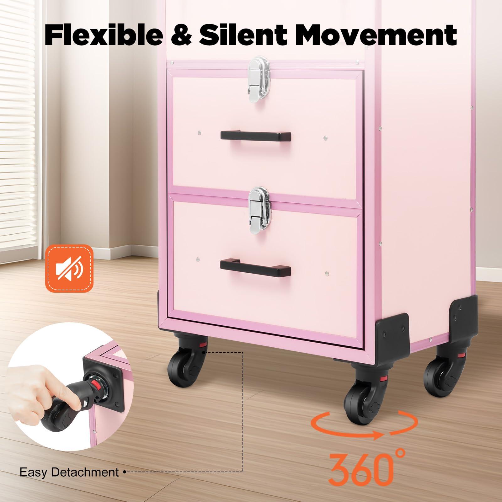 KeruRome KeruRome Professional Rolling Makeup Train Case Large Cosmetic Trolley with Locks Makeup Cart with Wheels Aluminum Nail Tech Travel Case Portable Makeup Station, Pink