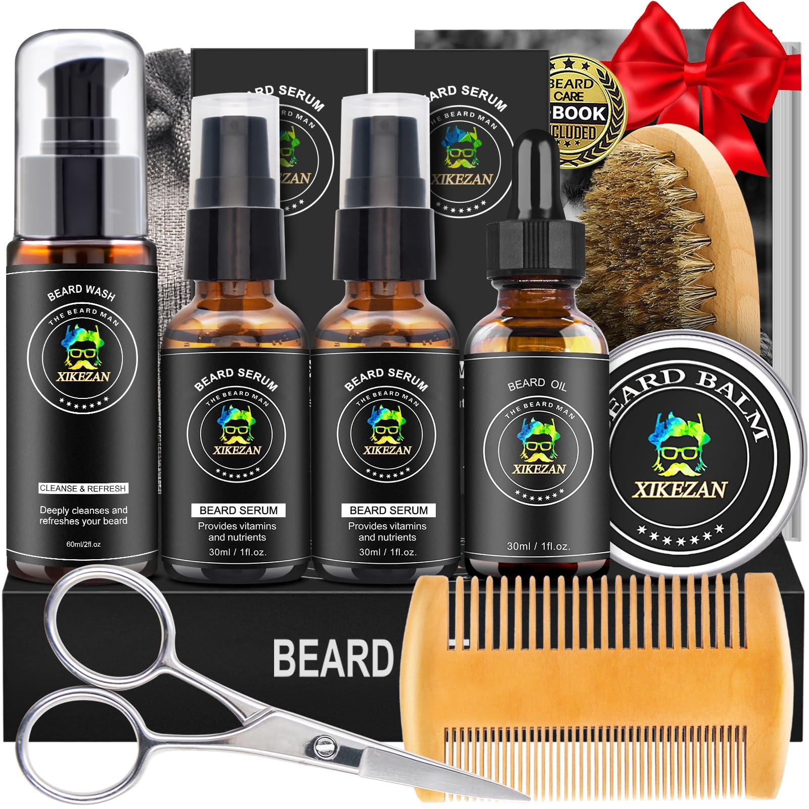 XIKEZAN Beard Kit,Beard Grooming Kit w/Beard Wash,2 Pack Beard Serum,Beard Oil,Beard Balm,Comb,Brush,Scissor,Bag,EBook,Beard Care Birthday Gifts for Men Him Dad Husband Brother