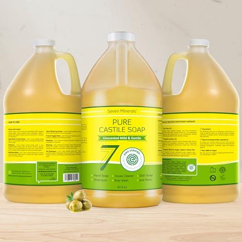 Seven Minerals Pure Castile Soap - No Palm Oil, GMO-Free - Gentle Liquid Soap For Sensitive Skin & Baby Wash - All Natural Vegan Formula with Organic Carrier Oils (64 FL Oz, An Unscented)