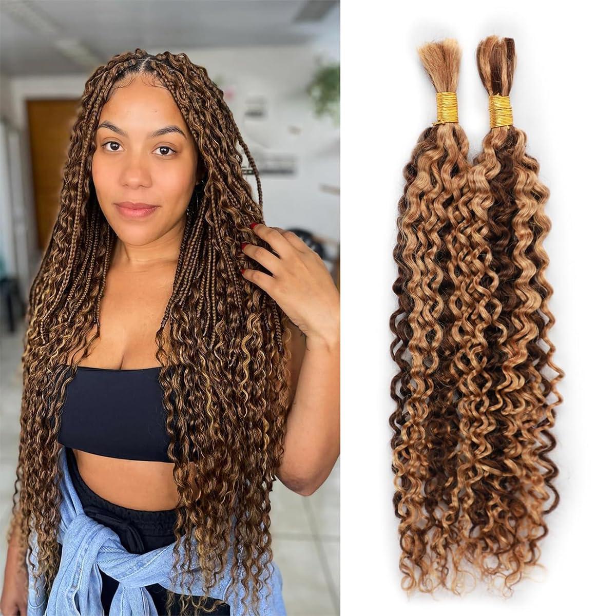 YFFSSJFC Human Braiding Hair For Boho Braids P4/27 Water Wave Bulk Human Hair For Braiding No Weft Highlight Ombre Wet And Wavy Micro Braiding Hair Human Hair Bulk For Boho Box Braids 100g 22 Inch