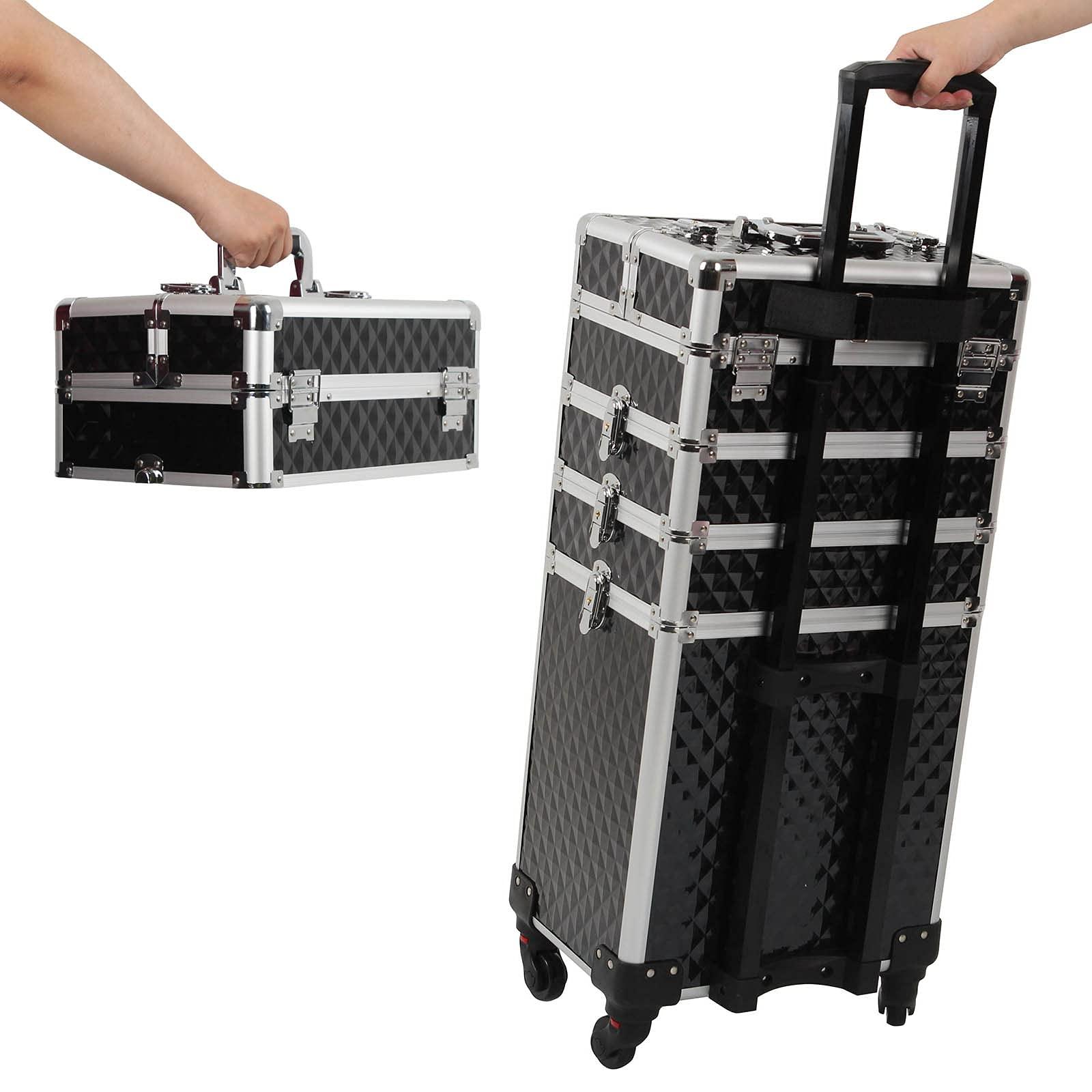 Ochine 4 in 1 Makeup Case Aluminum Cosmetic Case Rolling Train Case Professional Makeup Train Case Large Capacity Trolley Makeup Travel Case Beauty Storage with Folding Trays and Large Compartments