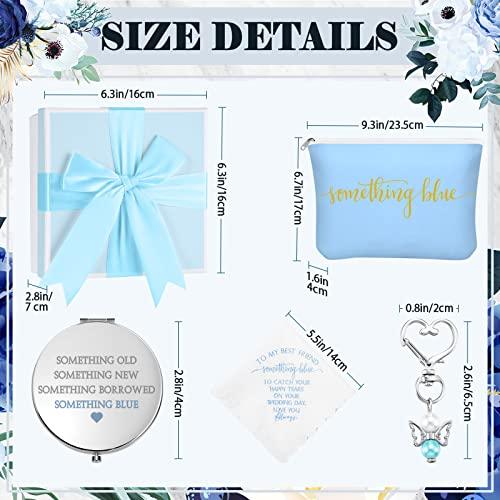 Fumete Set of 5 Something Blue Wedding Gift for Bride to My Best Friend Wedding Embroidered Handkerchief Angel Bouquet Charm Something Blue Bridal Cosmetic Bag Diamond Compact Mirror Blue Raffia Gift Box