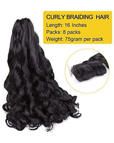Aeagoo Curly Braiding Hair 16 Inch Pre Stretched 8 Packs Bouncy Loose Wavy Braiding Hair Spanish Curly Braiding Hair French Braid in Hair Extensions (16 Inch,1B#)