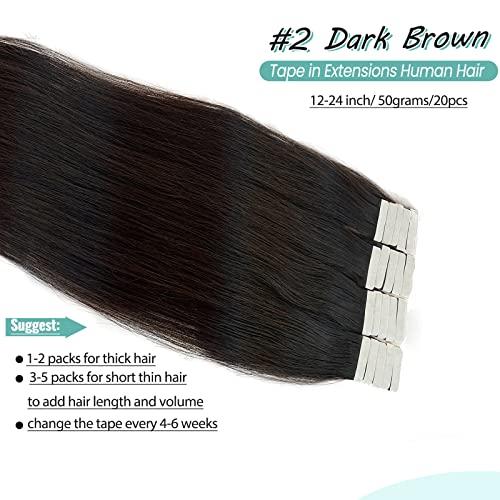 Licoville Dark Brown Tape in Extensions 14 Inch Real Human Hair 50g 20pcs Brown Tape in Hair Extensions Human Hair Double Drawn Straight Brown Hair Extensions Tape ins for Women