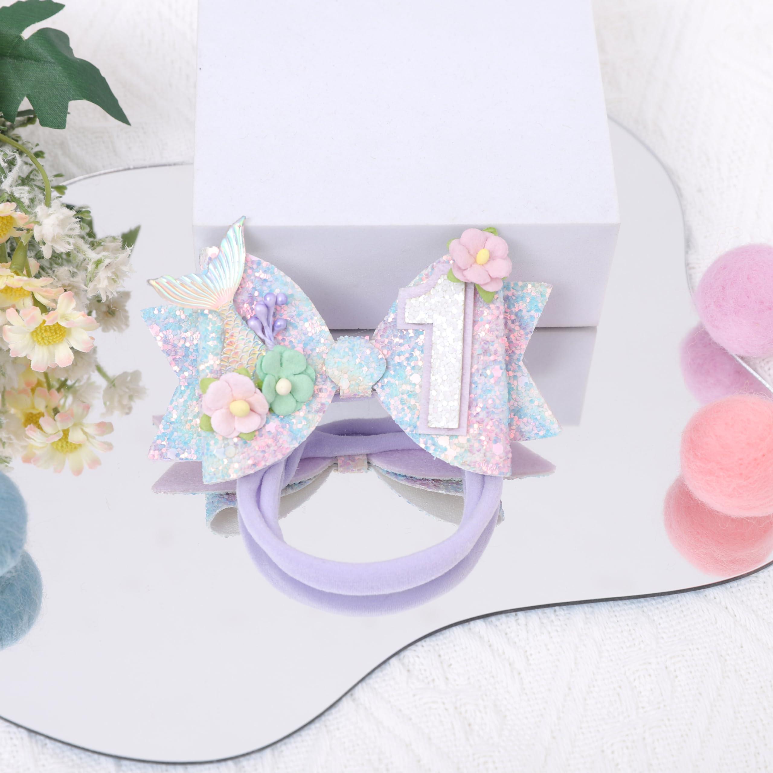 Jissoo Mermaid Birthday Hair Bow - Mermaid Birthday Decoration Hair Clips,Mermaid Hair Bow,Mermaid Bow For Girls,Cake Smash Prop ((1st))