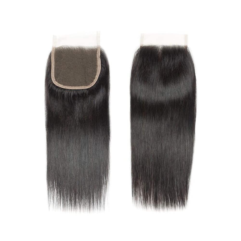 INLUV Straight 4x4 Lace Closure Only Three Part Lace Frontal Closure Unprocessed Brazilian Human Hair Closure HD Transparent Swiss Lace Closure with Baby Hair Natural Black Color (14 inch)