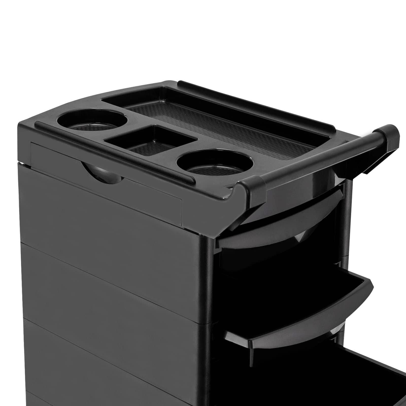 AGULIUM AGULIUM Salon Trolley,Salon Beauty Trolley Cart Storage Organizer, 5 Drawers and 2 Hair Dryer Holder Side Tray with Handle and Rolling Wheels(Black)