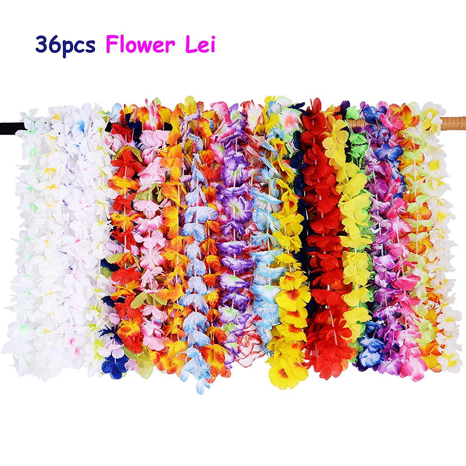 Geek-M Hawaiian Leis Bulk 36Ct Hawaiian Flower Lei with 24Ct Hawaiian Plumeria Flower Clips set Tropical Luau Party Supplies Beach Party Decoration for Adult Kids